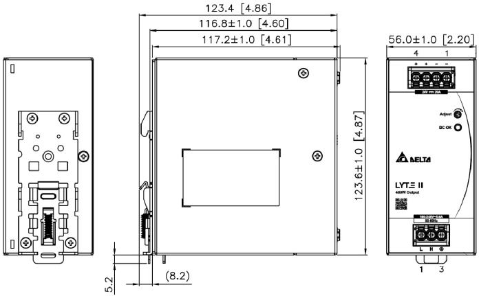 Rysunek techniczny zasilacza na szynę DIN model DRL-24V480W1EN